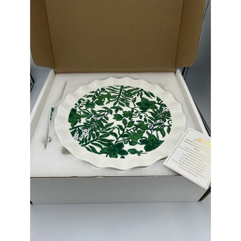 Lilly Pulitzer 017521 12in Ceramic Cake Stand & Knife Set Green/White Floral